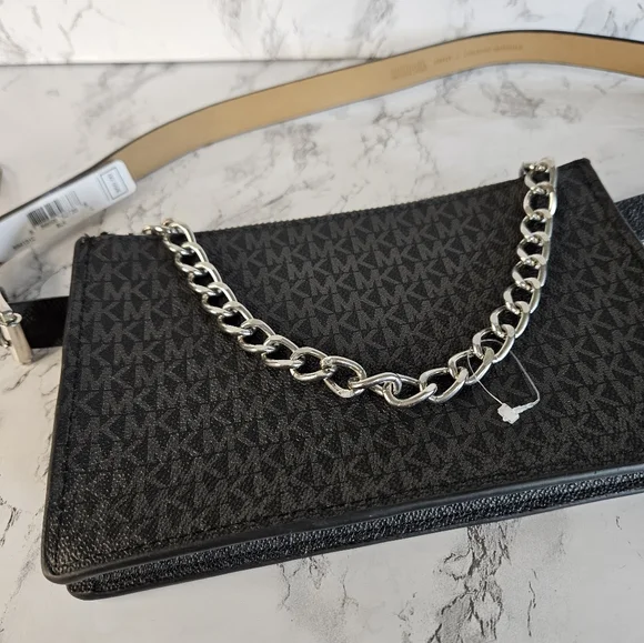 Michael Kors Belt Bag Waist Wallet MK Logo Black W Chain Large New - Picture 2 of 5